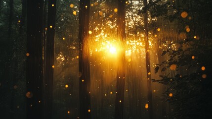 beautiful forest in the morning reflecting itself in the water with sun rays 