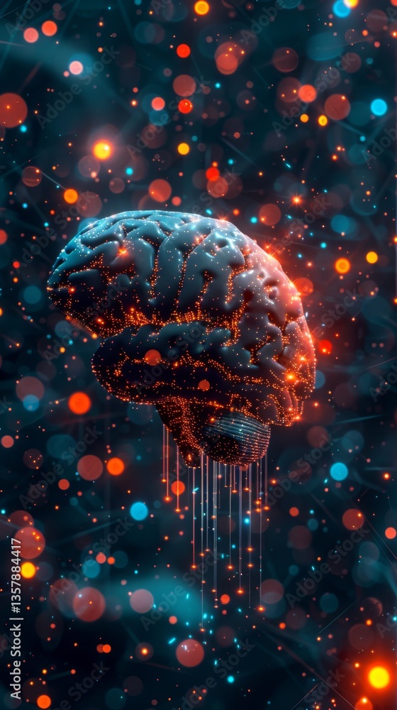 Poster conceptual illustration showcasing glowing neural networks and data streams representing artificial 