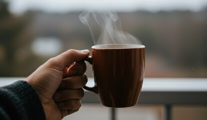 Hand holds steaming brown mug, inviting cozy warmth,