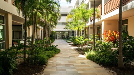 Naklejka premium A tropical hospital building with shaded walkways, open-air waiting areas, and lush landscaping