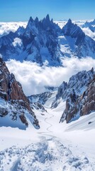Snow-covered mountain range with peaks piercing clouds under clear blue sky