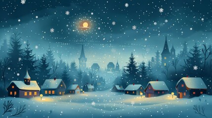 Naklejka premium Festive winter wonderland illustration with cozy houses and twinkling lights beneath a starry night sky