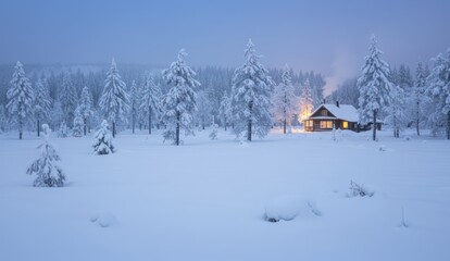 Fototapeta premium Cozy cabin in a snow-covered winter landscape at dusk,