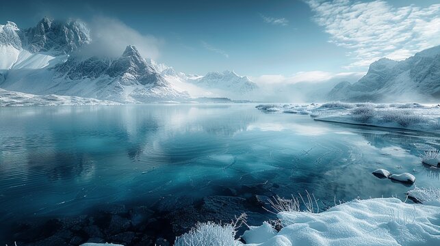 Snowcovered Nordic Landscape With A Deep Blue Frozen Lake Mist Rising From The Icy Water Cinematic Hdr Realism