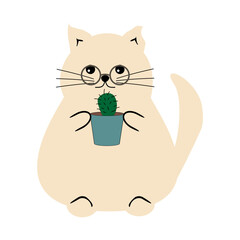 Nice cute cat with a cactus on white background vector illustration	
