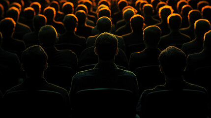 Silhouetted audience seated in theater under warm spotlight.