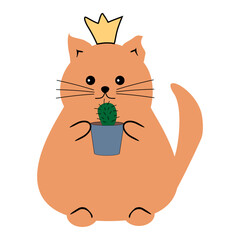 Nice cute cat with a cactus on white background vector illustration	
