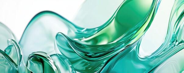 Abstract background with green and blue fluid glass waves. 3d abstract liquid glass transparent clear ribbon wave line on green background with palm leaf shadow. Water fluid flow curve shape. MZ 