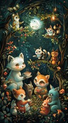 Naklejka premium Whimsical gathering of forest animals enjoying a magical tea party under the full moon in a lush woodland setting