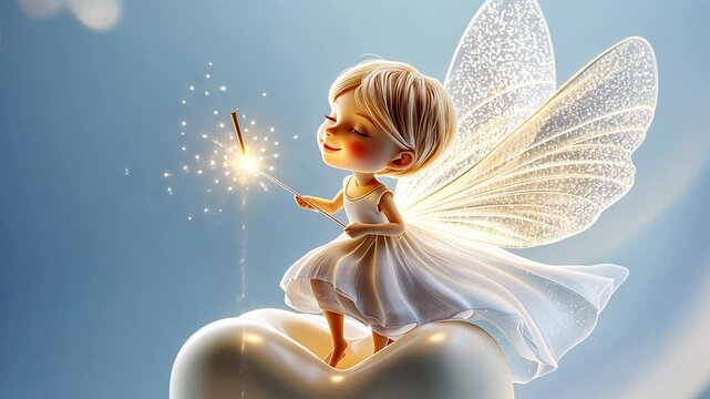 A magical tooth fairy illustration with glowing wand and ethereal wings