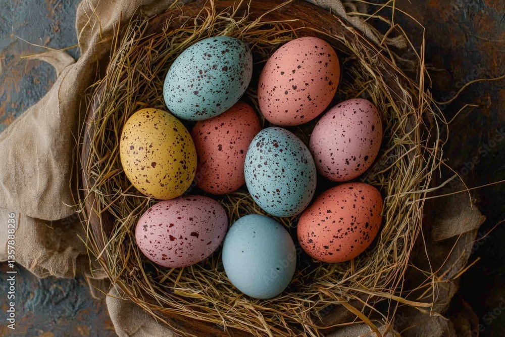 Poster nest with five textured pastel easter eggs resting on straw base placed on soft beige linen backgrou