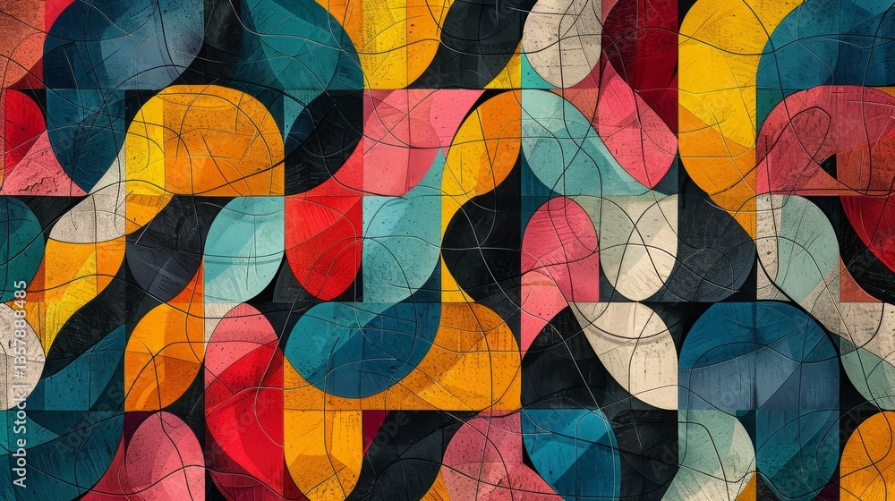 Poster vibrant overlapping shapes create an intricate tessellation pattern in a colorful design