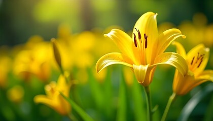 Close-up shot of a vibrant garden filled with yellow canna lilies, their petals adorned with delicate brown speckles