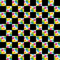 Black and white chessboard with checkered pattern and square tiles