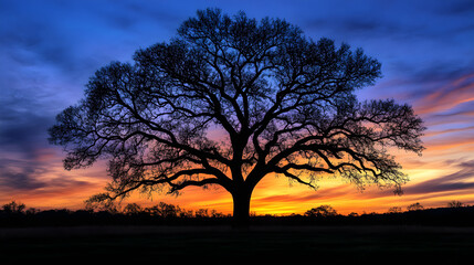 Entwined Shadows: A Silhouette Tree Against the Twilight Horizon