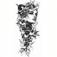 Fototapeta premium A woman with floral and avian motifs in elegant black and white