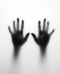 Obraz premium Blurry black-and-white silhouette of two hands pressed against frosted glass, creating a mysterious and dramatic atmosphere with soft shadows and high contrast.