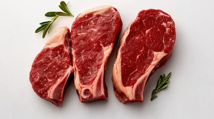 Obraz premium Three Raw Beef Steaks With Rosemary Sprigs