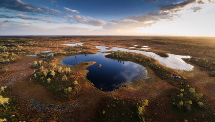 Obraz premium aerial perspective of a raised bog showcases its enchanting beauty highlighting juxtaposition between elevated and submerged regions distinct flora and delicate ecosystems found in these elevated moor