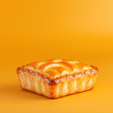 Pithivier in close up, square shape, and golden brown crust, showcasing its appetizing and delicious appearance on an orange, vibrant, studio background