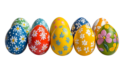 Elegant Set of Hand-painted Easter Eggs on Bright Plain White Background with No Shadow