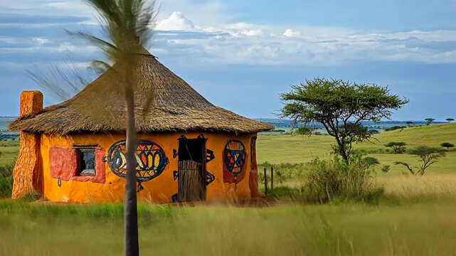 African Hut with Ochre Walls and Thatched Roof in Savanna