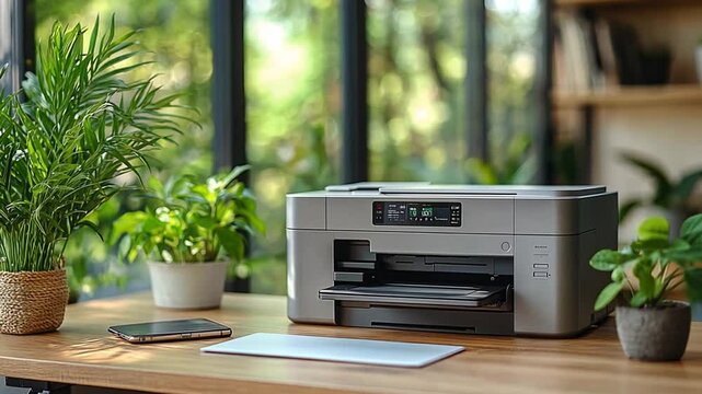 Modern printer on wooden desk with plants, natural light.  Possible use Office supplies, home office
