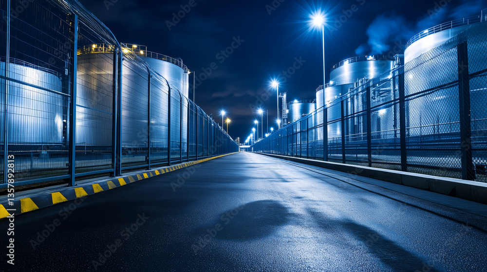 Poster high-tech perimeter fencing with embedded sensors and electronic gates surrounding a large lng tank,