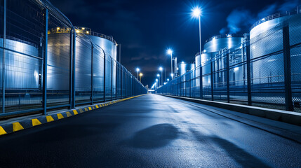 High-tech perimeter fencing with embedded sensors and electronic gates surrounding a large LNG tank, the smooth metal surface glinting as security lights flicker across the expansi