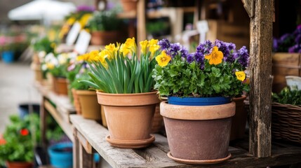 Fototapeta premium A vibrant display of flower pots arranged on a table in an outdoor setting, showcasing a variety of blooming plants under natural light.