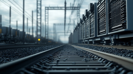 Fototapeta premium A detailed shot of massive transformers, showcasing complex radiator cooling systems with rows of metal fins, thick black high-voltage cables snaking through the infrastructure, su