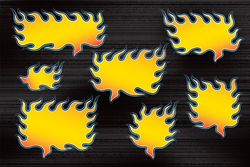 Speech Bubbles Flaming Frame Style Set of Circle Distorted Rectangle and Square Blank Trendy Shapes - Fiery Burning Colour on Black Background - Flat Graphic Design