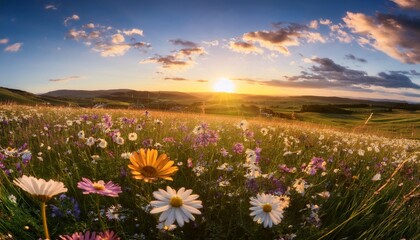 Obraz premium meadow wildflowers exude a natural and uncontrolled beauty representing a vast expanse of blooming flowers that gently move with wind capturing carefree essence of meadow
