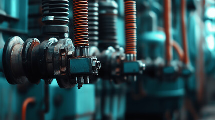 Focused view of power transformer terminals, dense winding cables secured by industrial clamps, heat radiators stacked in the background, painted surfaces weathered from continuous