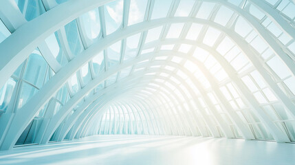 Fototapeta premium Futuristic white architectural interior with arched structural design.