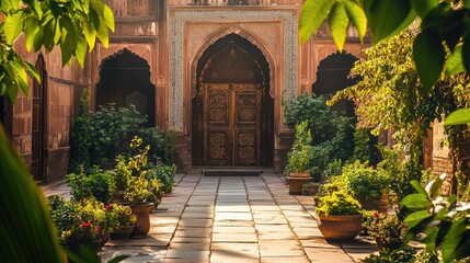 Fototapeta premium Lush courtyard gardens with traditional stone pathways leading to grand wooden mosque doors