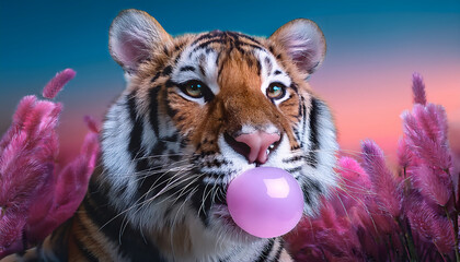 A Playful Tiger Chewing Gum: An Unexpected and Funny Wallpaper in pastel colors