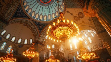 Obraz premium Massive ornate chandeliers suspended beneath a brilliantly painted mosque dome