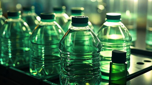 Crystal-clear plastic bottles on a conveyor belt