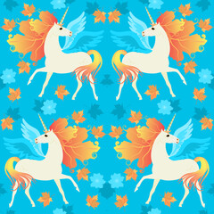 Winged unicorns with blue wings and mane of golden autumn leaves on sky blue plant background, seamless pattern. Romantic print for fabric.