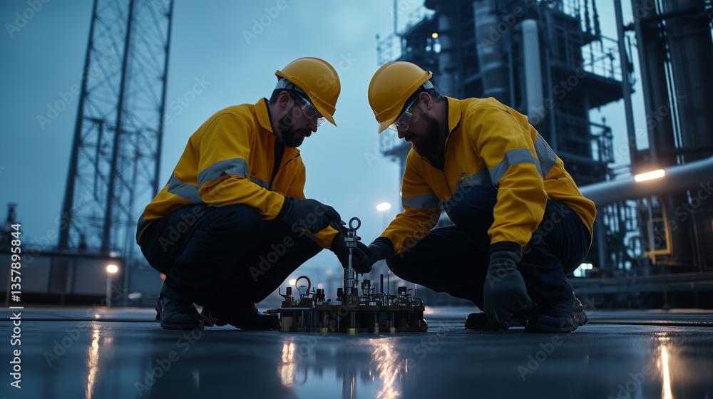 Poster two engineers kneeling by the base of a huge transformer, inspecting oil levels and pressure gauges,