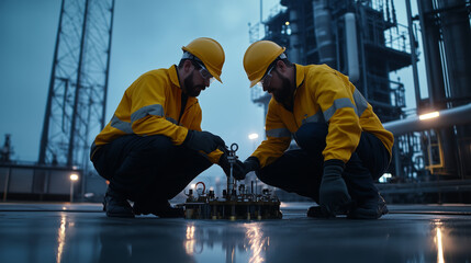 Two engineers kneeling by the base of a huge transformer, inspecting oil levels and pressure gauges, their toolkits open with precision instruments gleaming under the industrial fl
