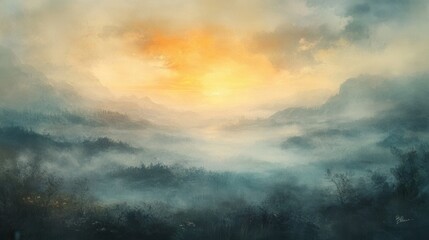 Fototapeta premium Sunrise, misty landscape. Generative AI