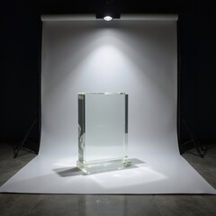 "Stylish Transparent Acrylic Block Stand Illuminated Under Bright Studio Lights for Placement Product"