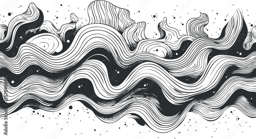 Poster abstract black and white wave pattern with flowing lines and dots.