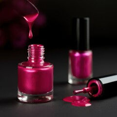 A bottle of nail polish stands next to a brush, which shows the product dripping