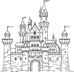 Fototapeta premium Outline illustration of a medieval castle with multiple towers and battlements.