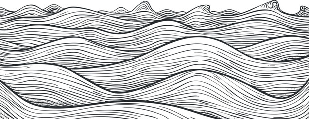 Abstract black and white illustration of wavy lines resembling ocean waves.