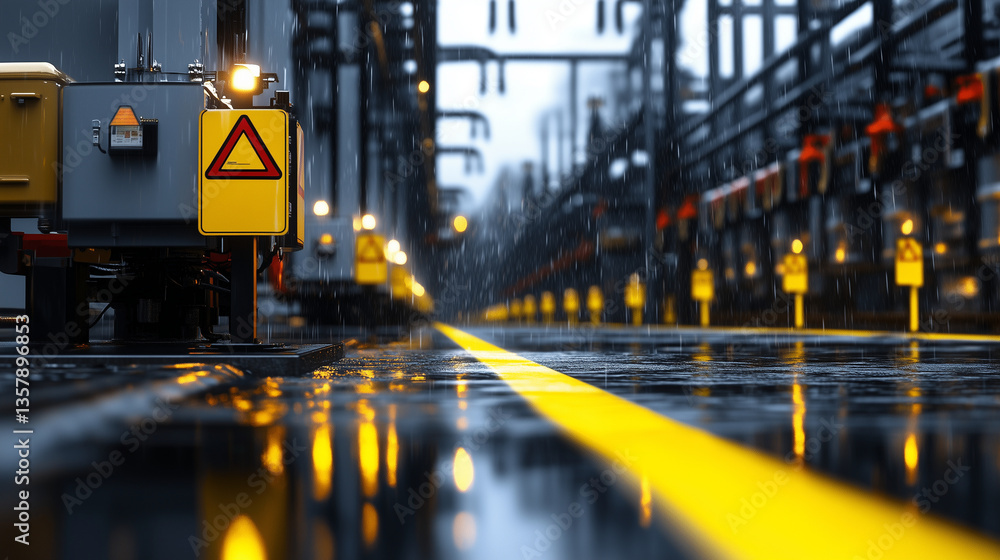 Poster close-up view of high-voltage transformers in a substation, with reflective warning signs on each un