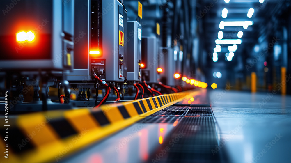 Poster close-up view of high-voltage transformers in a substation, with reflective warning signs on each un